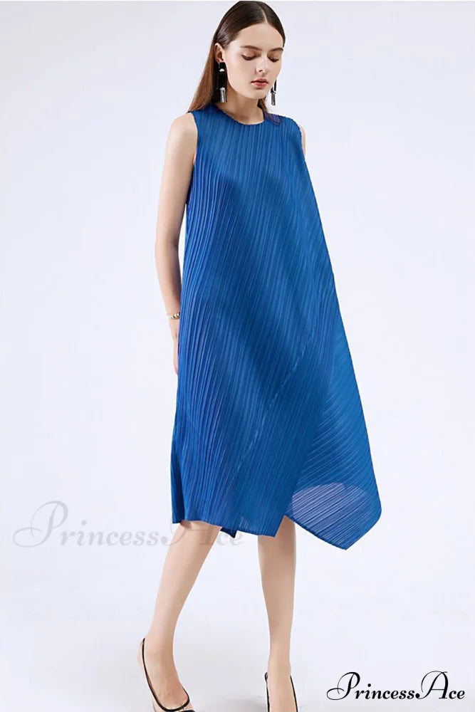 Sleeveless Pleated Midi Dress With Irregular Hem Dresses