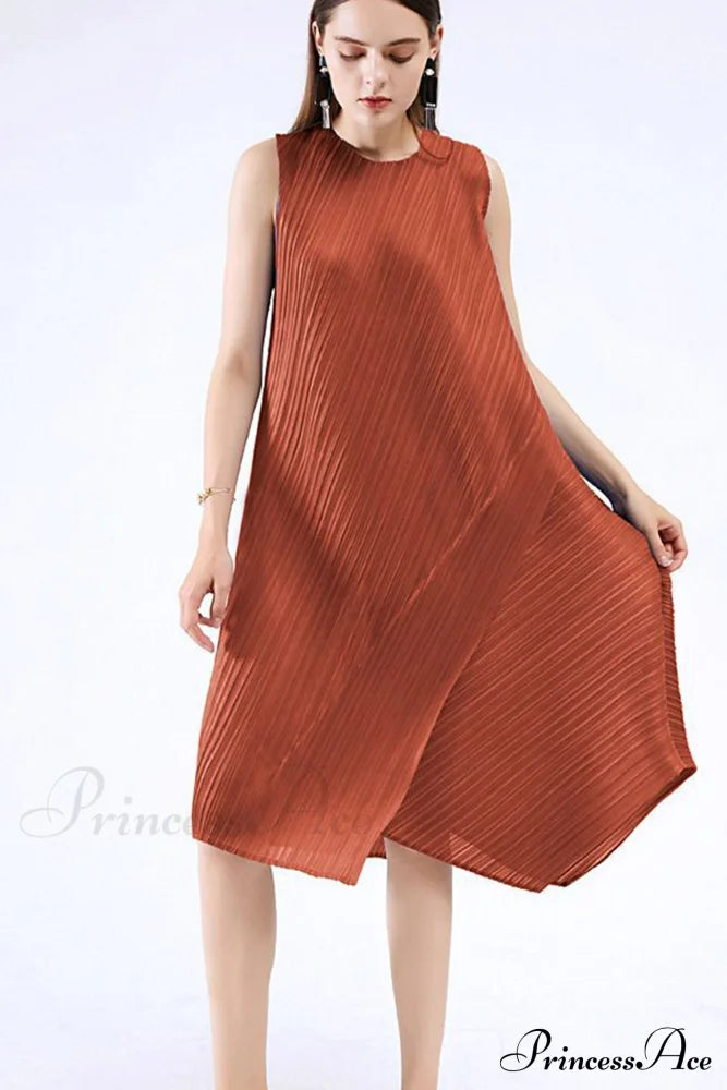 Sleeveless Pleated Midi Dress With Irregular Hem Dresses