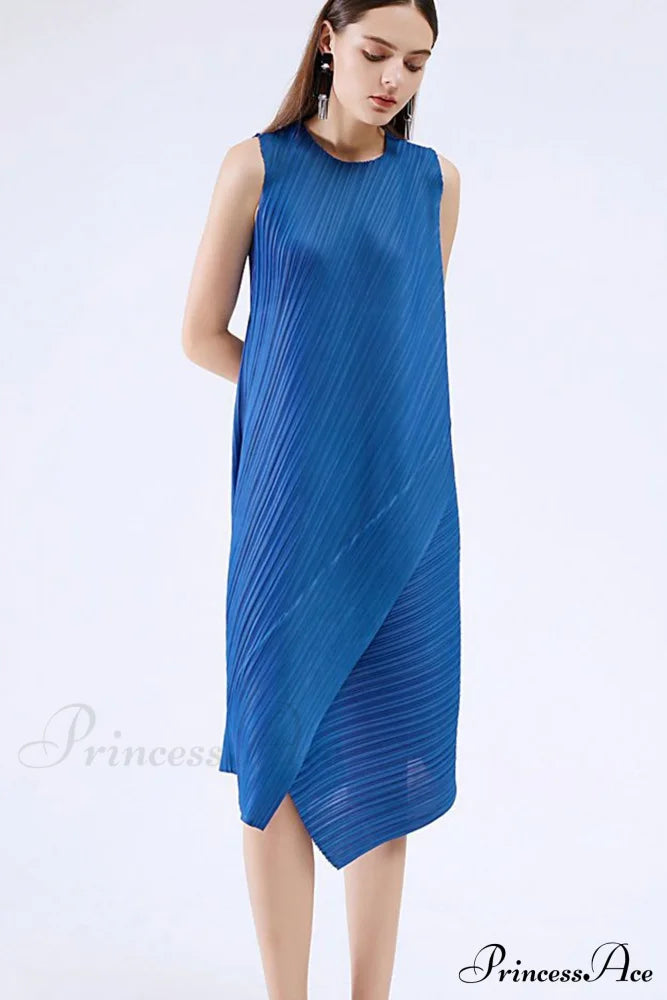 Sleeveless Pleated Midi Dress With Irregular Hem Dresses