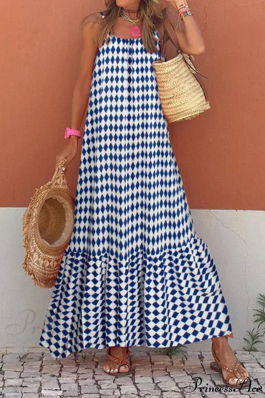 New Sleeveless Print Summer Spaghetti Strap Boho Dress Blue / S
