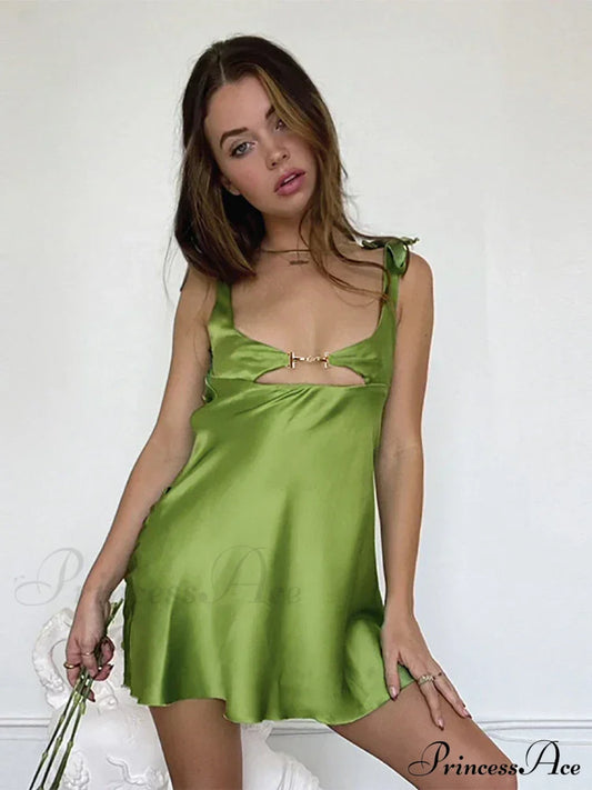 Sleeveless Satin Hollow Out Mini Dress Green / S