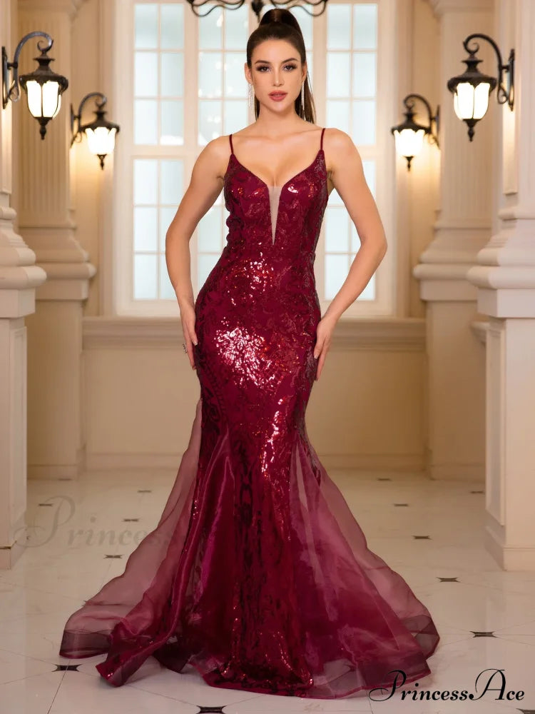 Sleeveless Sequined Mermaid Party Dress Burgundy / S Partydress-241208