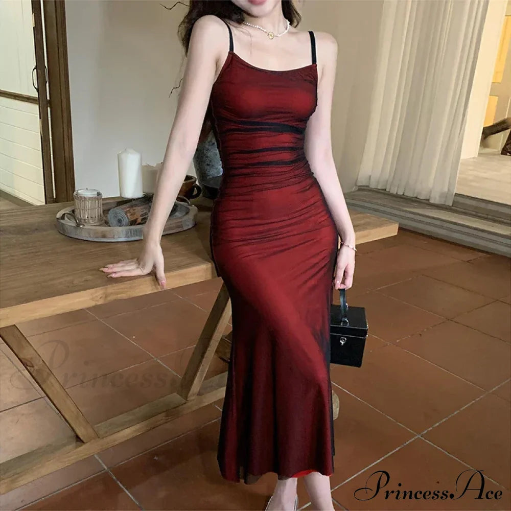 Sleeveless Solid Spaghetti Strap Backless Summer Casual Elegant Party Bodycon Dress Claret / S