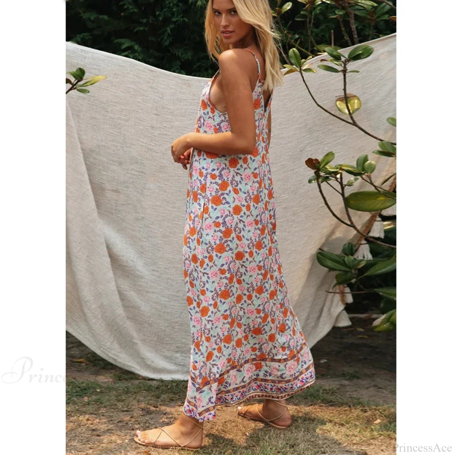 Sleeveless Strap Backless Deep V-neck Summer Dress bohodress-250126
