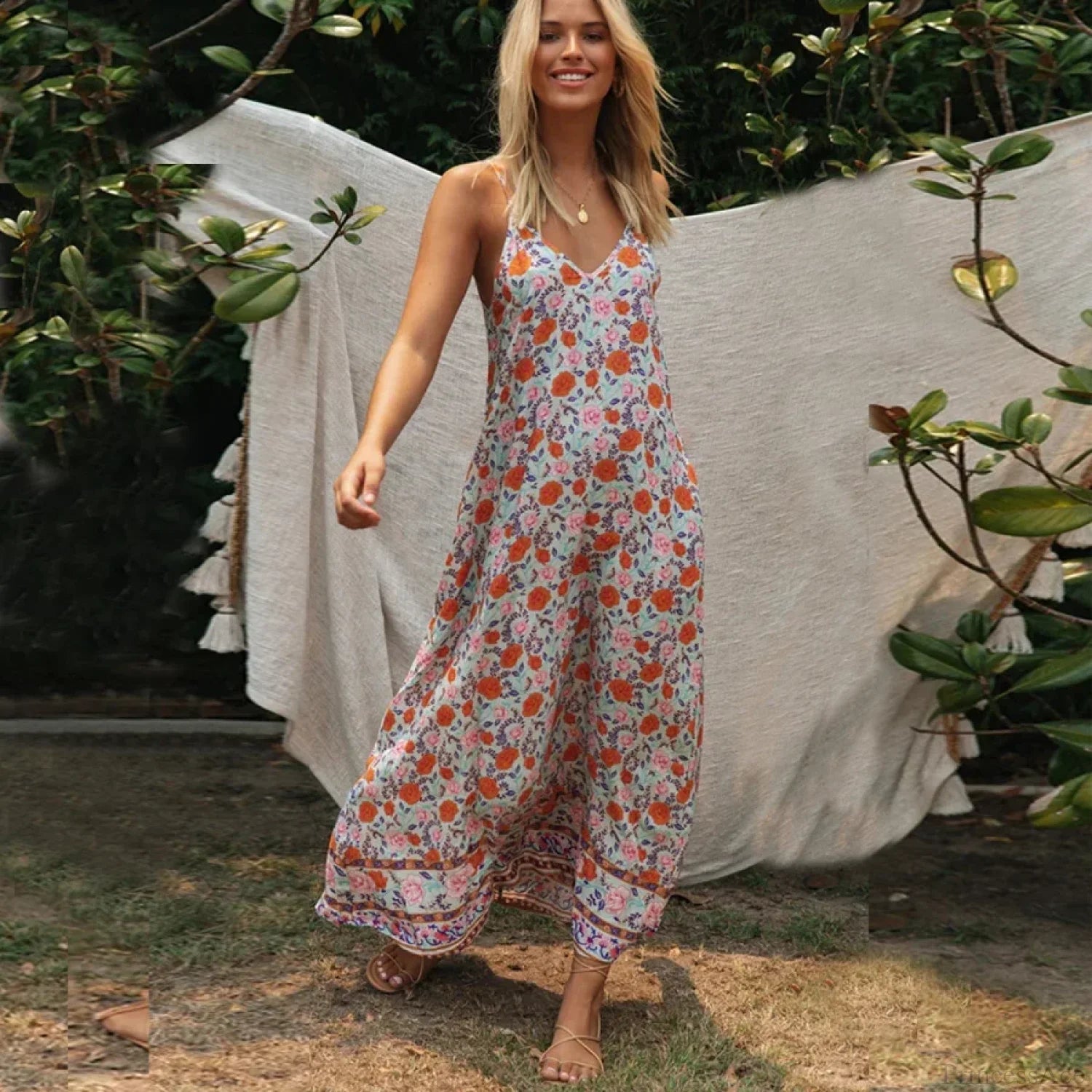 Sleeveless Strap Backless Deep V-neck Summer Dress orange / S bohodress-250126