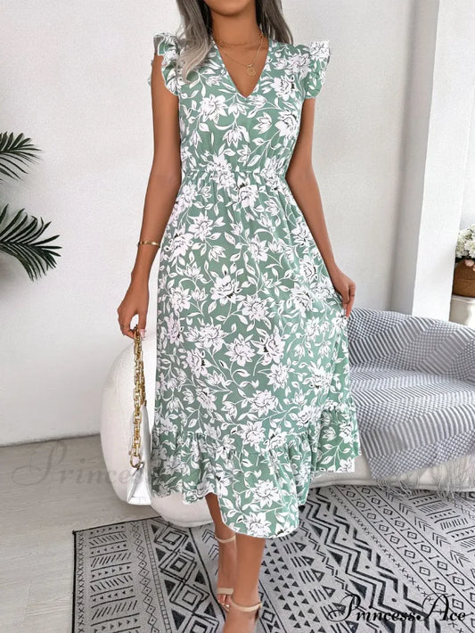 Sleeveless V Neck Summer A Line Midi Dress Boho