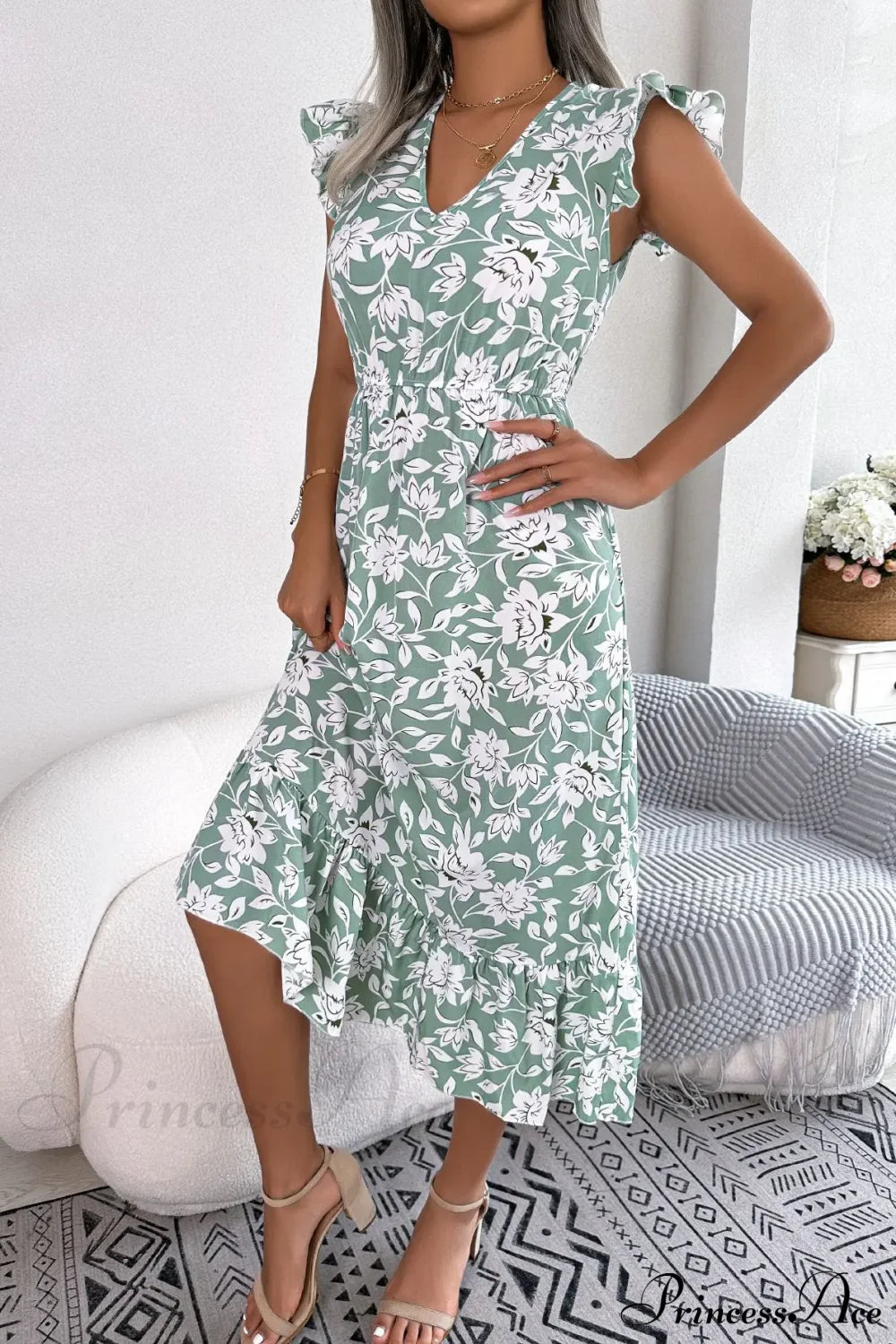 Sleeveless V Neck Summer A Line Midi Dress Boho