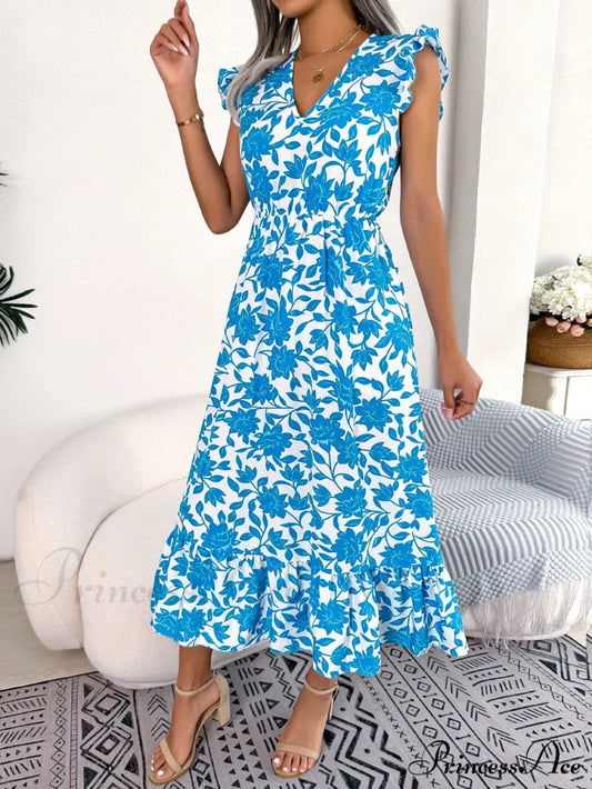 Sleeveless V Neck Summer A Line Midi Dress Boho White / S