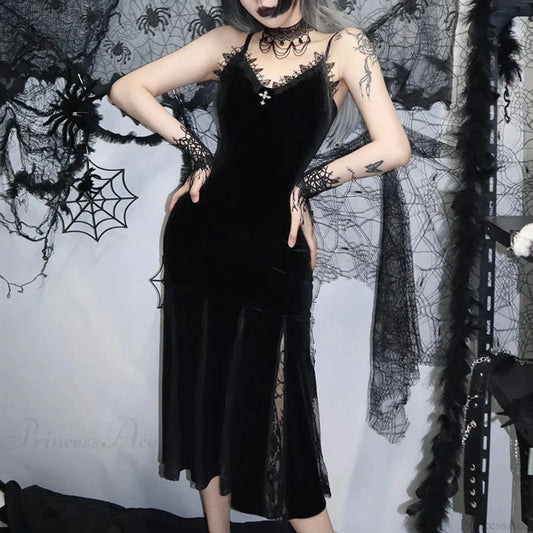 Sleeveless Velour Lace Patchwork Midi Dress Black / S
