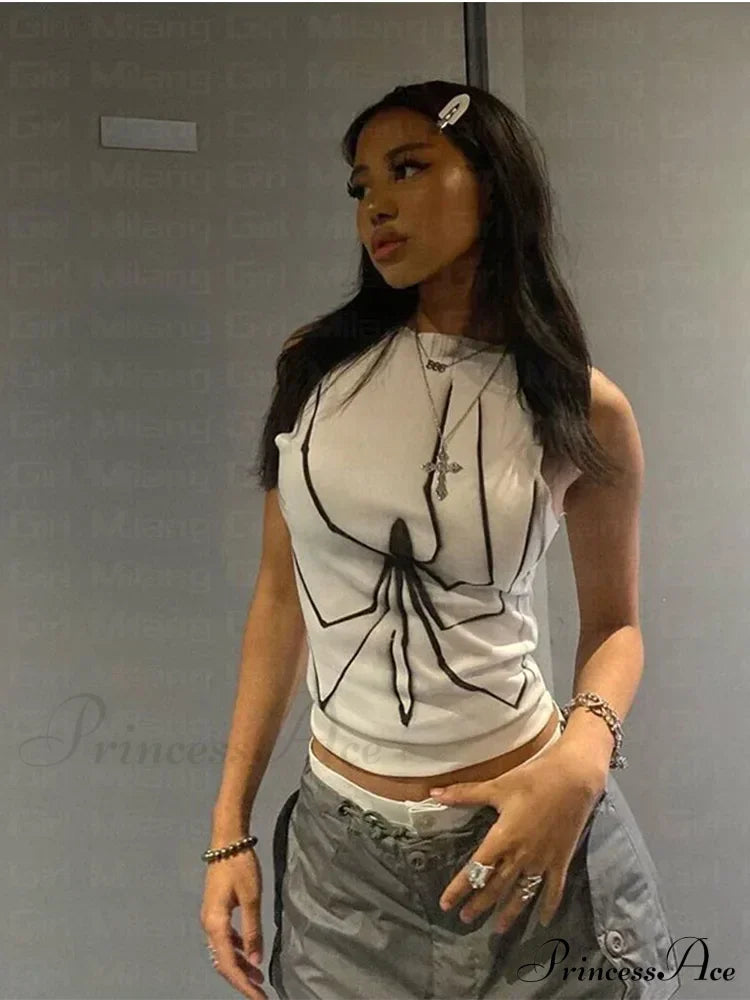 Sleeveless White Summer Print Fairy Trashy Spider Print Harajuku Streetwear Slim Y2K Clothess Tank