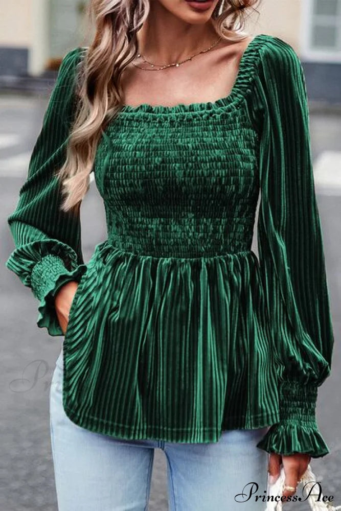 Womens Off The Shoulder Long Sleeve Velvet Top Smocked Lantern Sleeve Peplum Blouse Green Clothes long sleeve shirt long sleeve shirts long sleeve top long sleeve tops Ship From Overseas shirt shirts SYNZ top tops Tops/Blouses