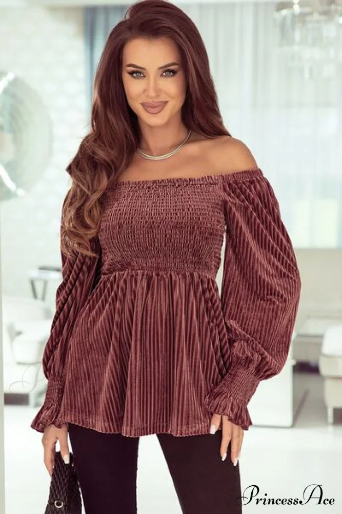 Womens Off The Shoulder Long Sleeve Velvet Top Smocked Lantern Sleeve Peplum Blouse Light Mauve Clothes long sleeve shirt long sleeve shirts long sleeve top long sleeve tops Ship From Overseas shirt shirts SYNZ top tops Tops/Blouses