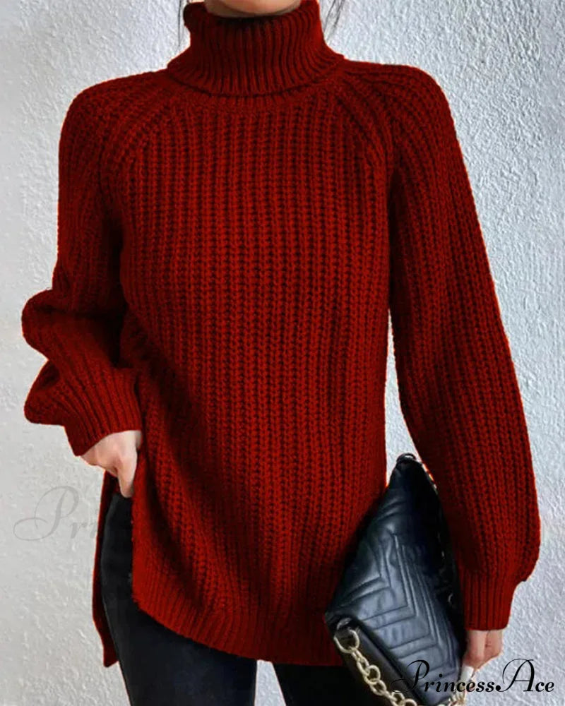 Raglan sleeve turtleneck slit sweater Burgundy 2023 F/W 23BF clothes discount Pullovers Sweaters Sweaters & Cardigans Tops/Blouses