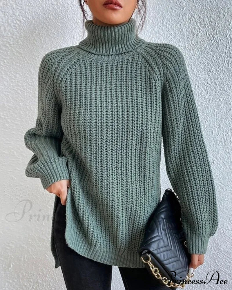 Raglan sleeve turtleneck slit sweater Green 2023 F/W 23BF clothes discount Pullovers Sweaters Sweaters & Cardigans Tops/Blouses