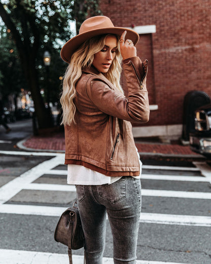 Taupe Coated Faux Leather Moto Jacket by Slick Chick