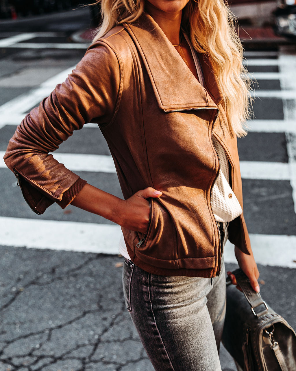 Taupe Coated Faux Leather Moto Jacket by Slick Chick