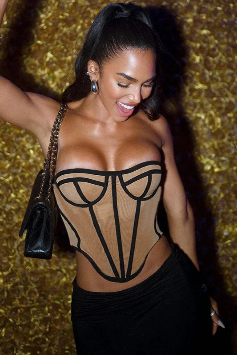 Slim Color Block Open Back Sexy Bustier Corset Black / S