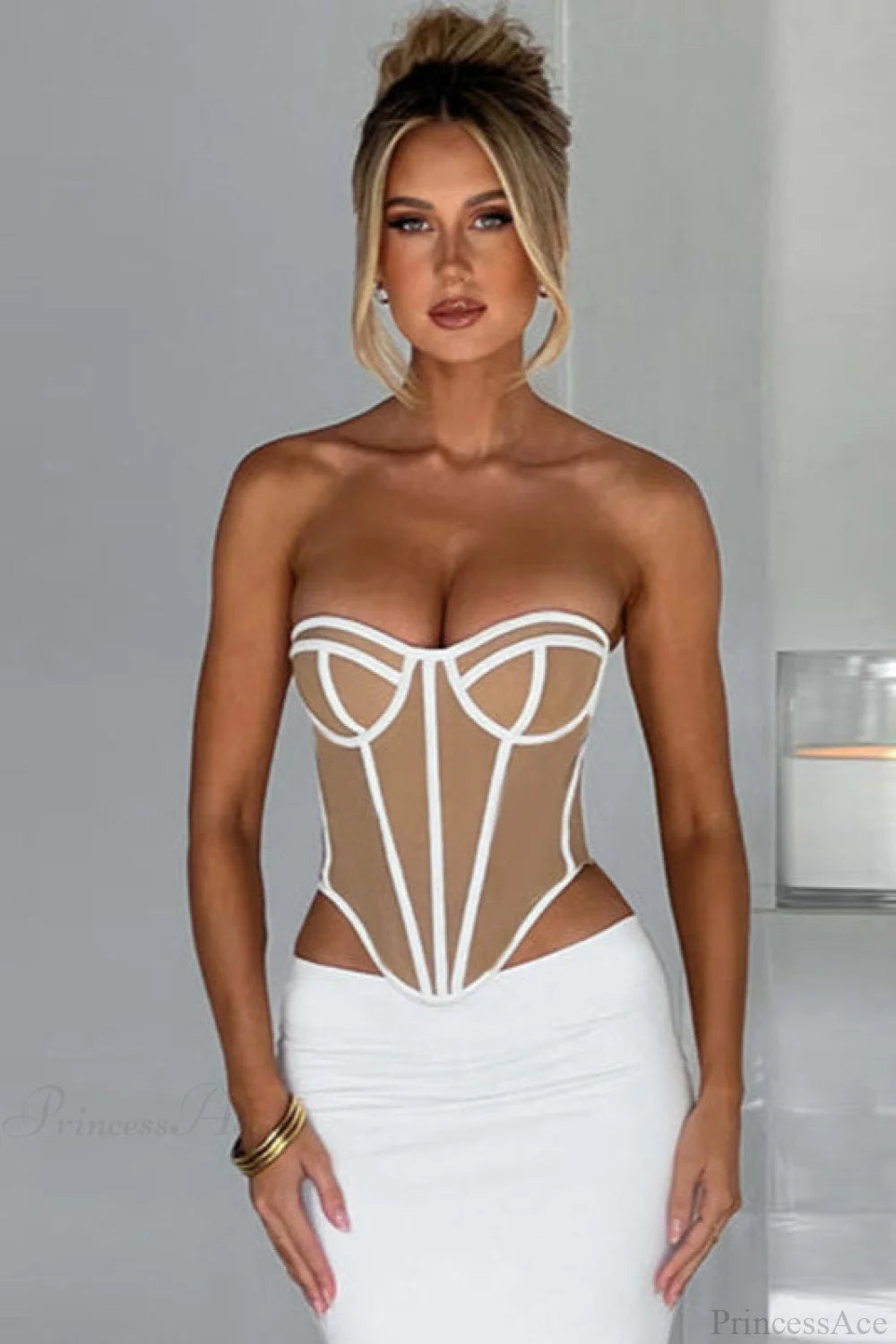 Slim Color Block Open Back Sexy Bustier Corset White / S