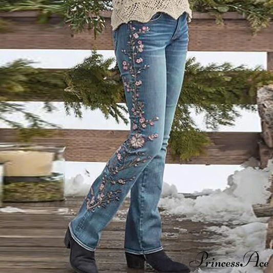 Slim Fit Embroidered Floral Micro Jeans Blue / S