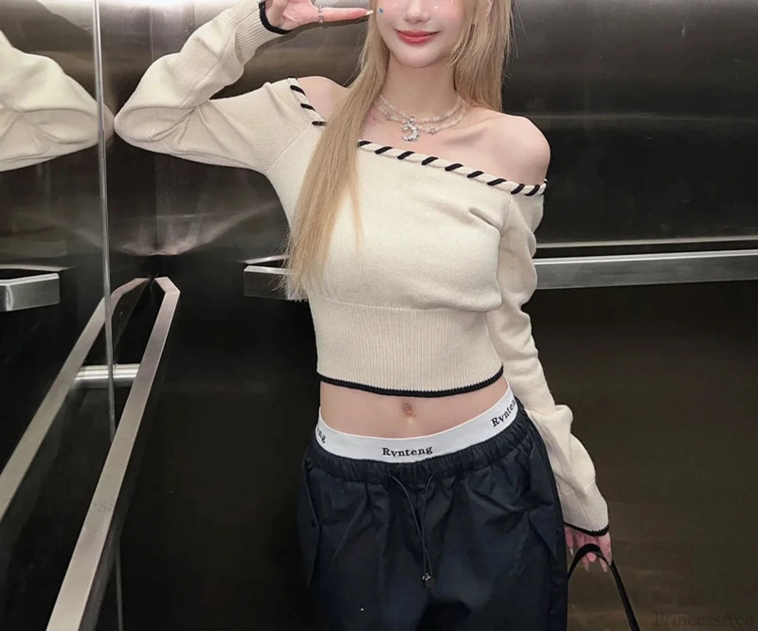 Slim Fit Korean Off-Shoulder Knitted Boat Neck Knit Top WHITE / One Size knittop-250126