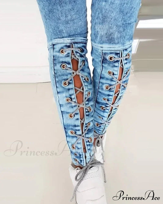 Slim-Fit Lace Up For Women Spring Autumn Fashion Streetwear Trousers Mid Waist Denim Pencil Pants