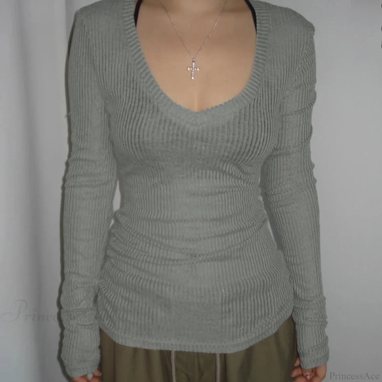 Slim-fitting Crop Top Micro-transparent V-neck Smock T-shirt Women knittop-250126