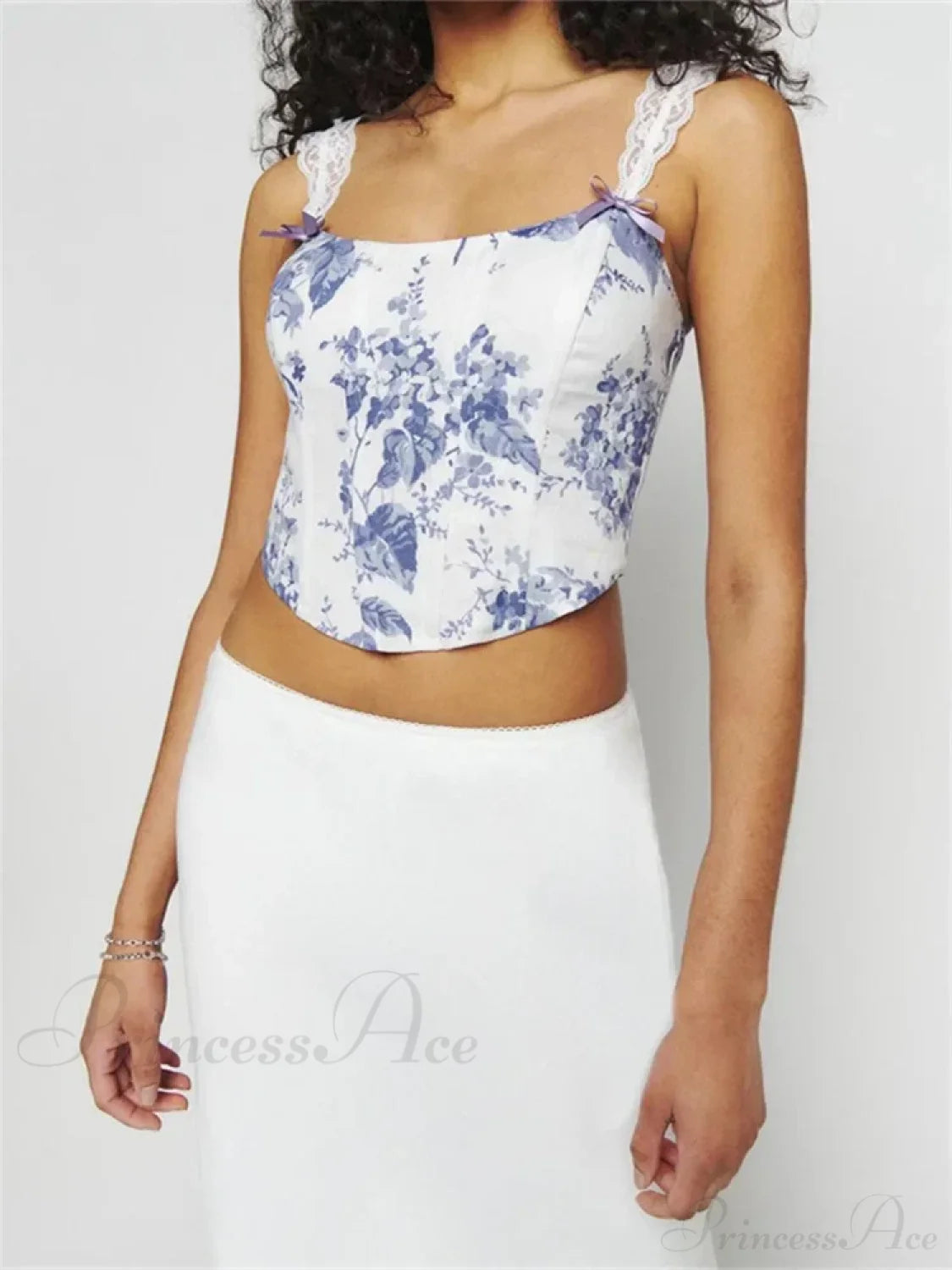 Slim Lace Strap Plaid Floral Print Crop Top WHITE2 / S croptop-250126