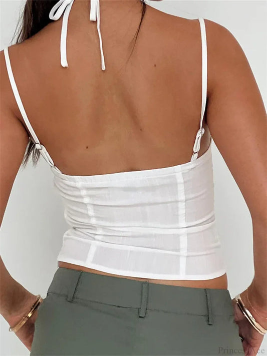 Slim Lace Trim Halter Tie-up Backless Crop Top croptop-250126