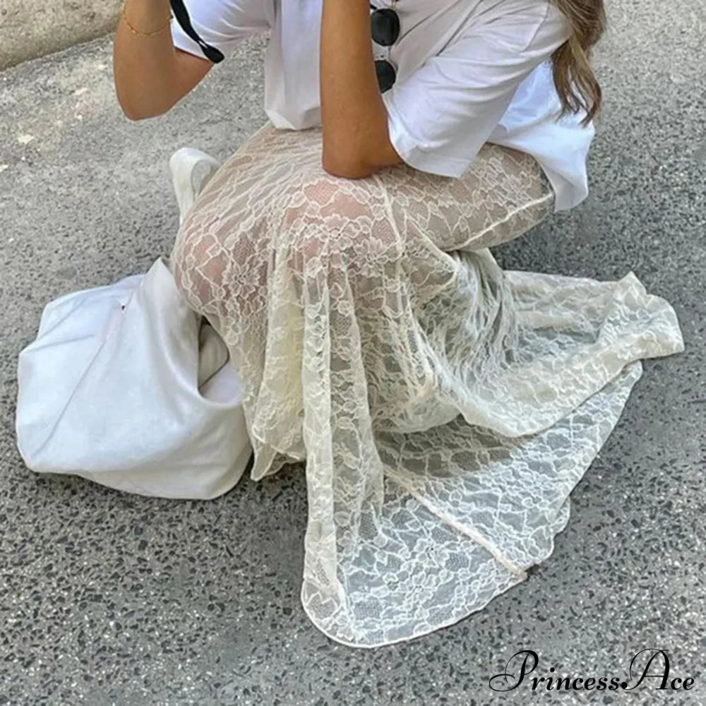 Slim Lace Trumpet See Through Sexy Maxi Skirt