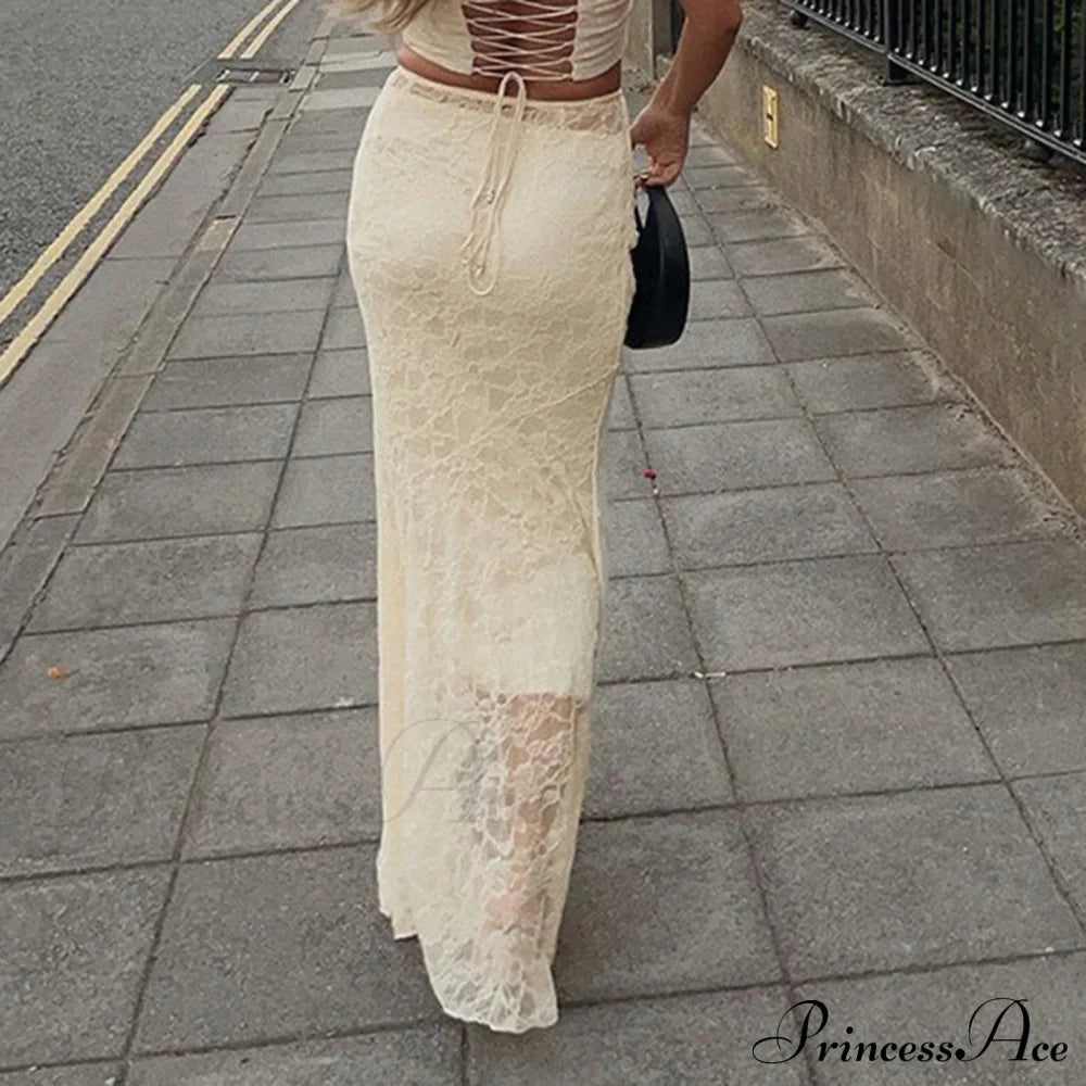 Slim Lace Trumpet See Through Sexy Maxi Skirt