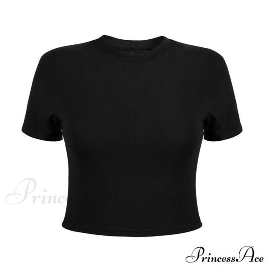 Slim Long Sleeve Cropped Navel Black T-Shirt Short Sleeve / S
