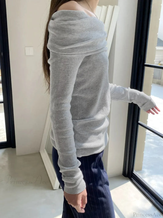 Slim Off-Shoulder Solid Slash Neck Long Sleeve Knit Top knittop-250126