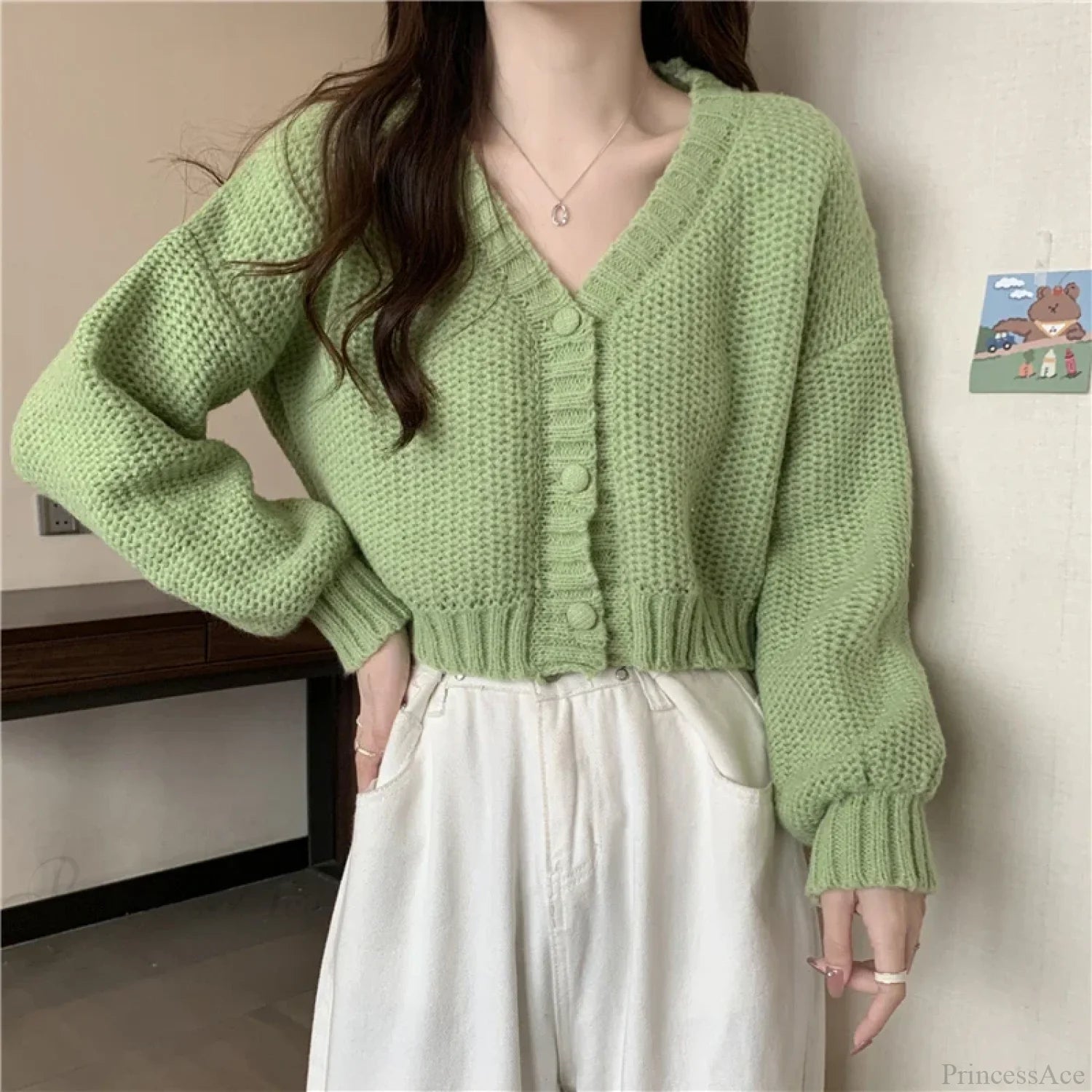Slim Solid V-Neck Button-Up Knitted Cardigan for Women GREEN / One Size cardiagn-250126