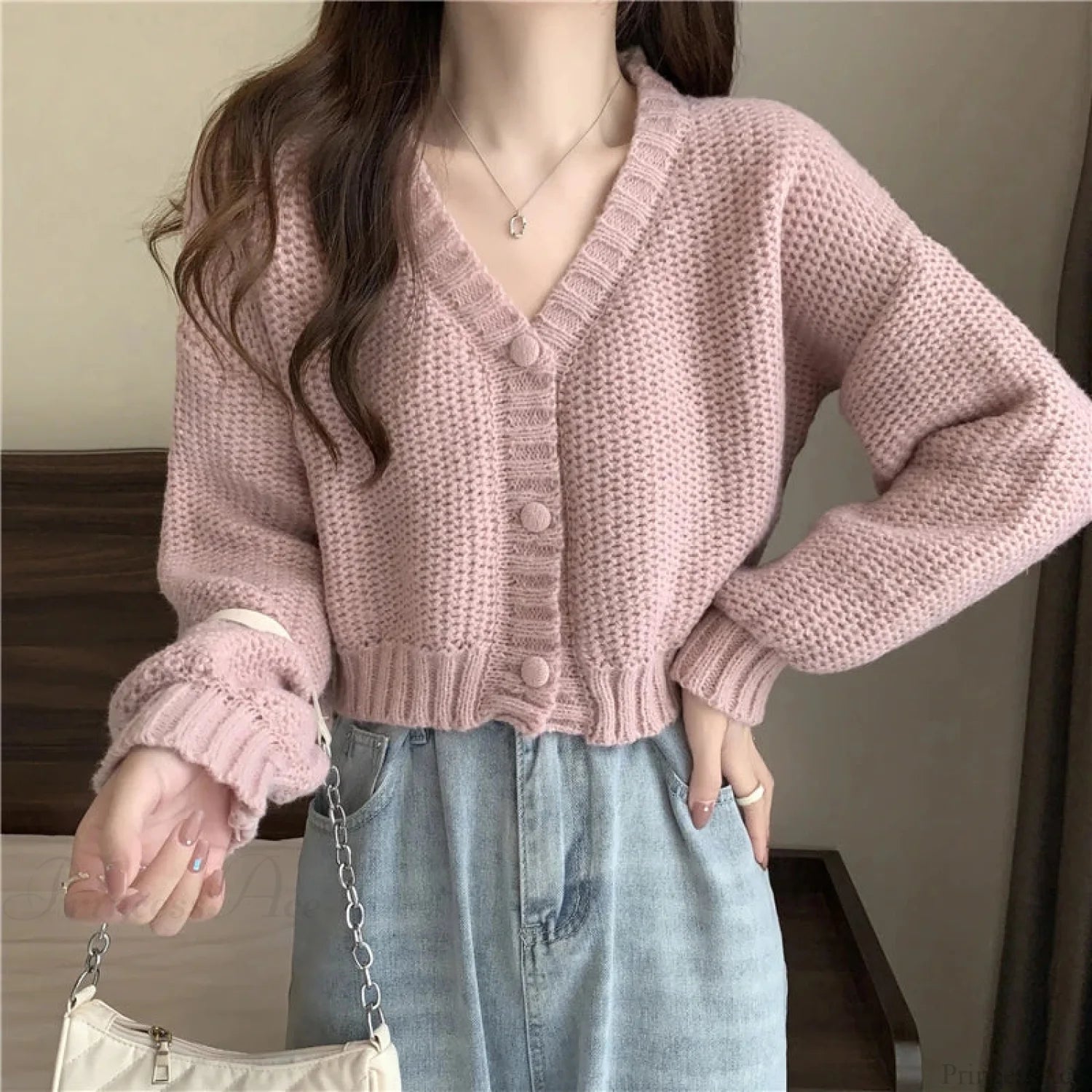 Slim Solid V-Neck Button-Up Knitted Cardigan for Women PINK / One Size cardiagn-250126