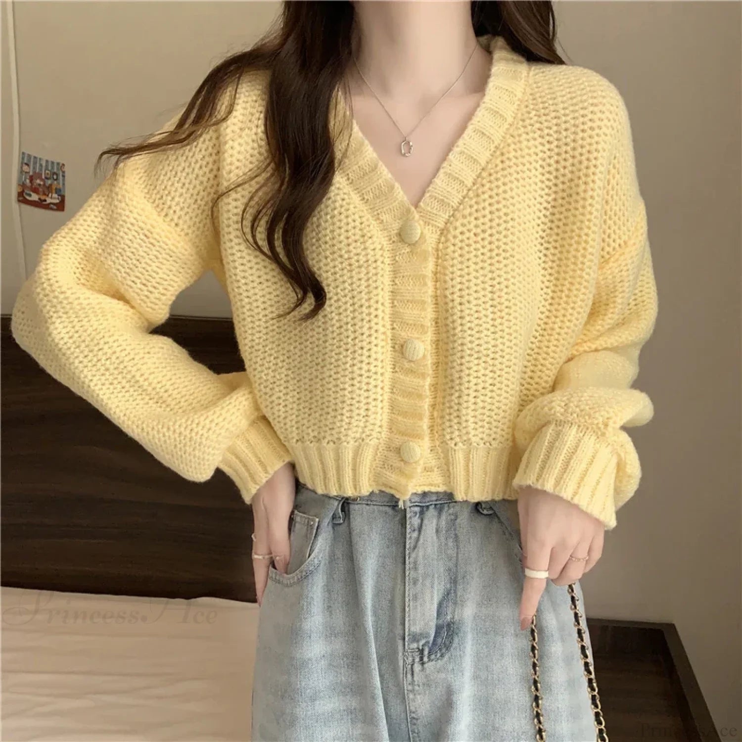 Slim Solid V-Neck Button-Up Knitted Cardigan for Women YELLOW / One Size cardiagn-250126