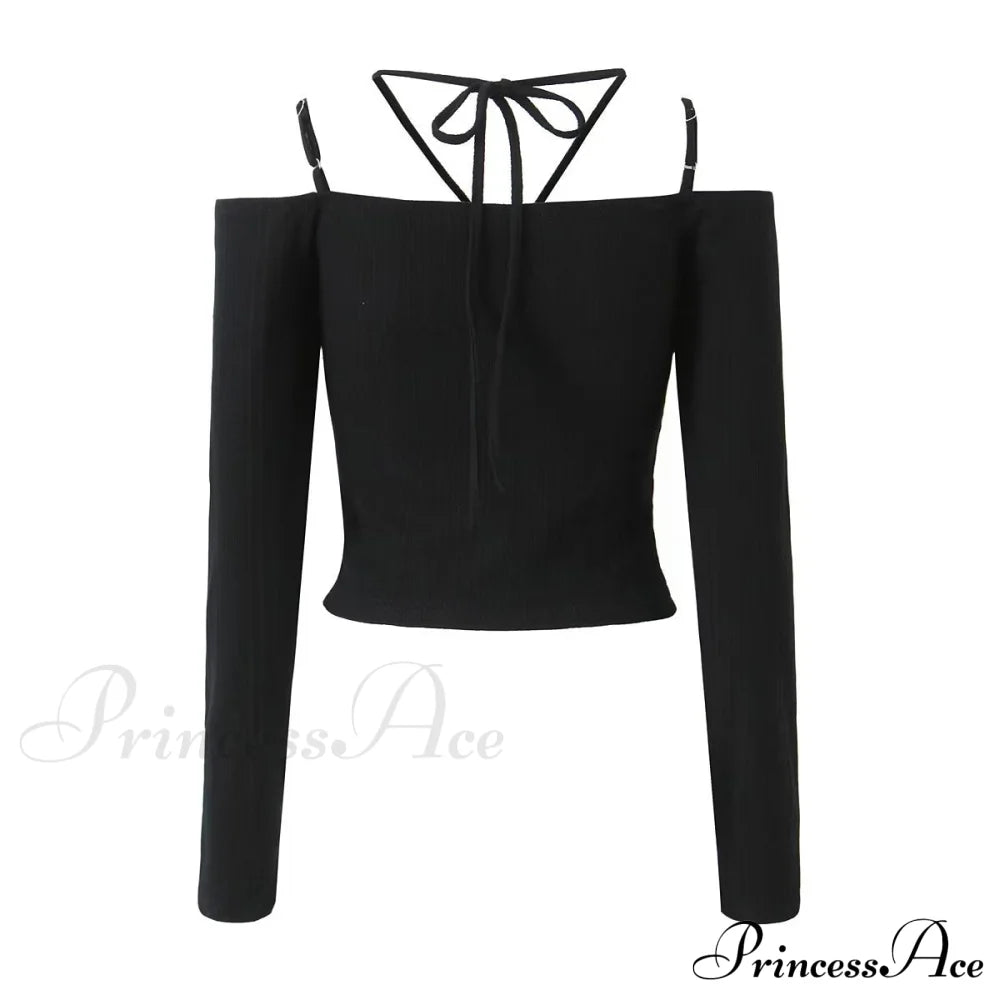 Slim T-Shirt Off-Neck Fit Long Crop Autumn Knitted Two-Tone Arm Top