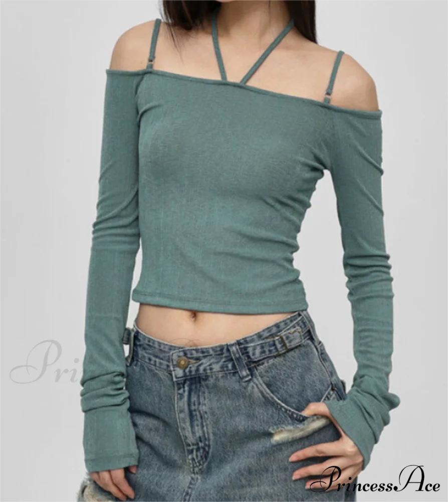 Slim T-Shirt Off-Neck Fit Long Crop Autumn Knitted Two-Tone Arm Top