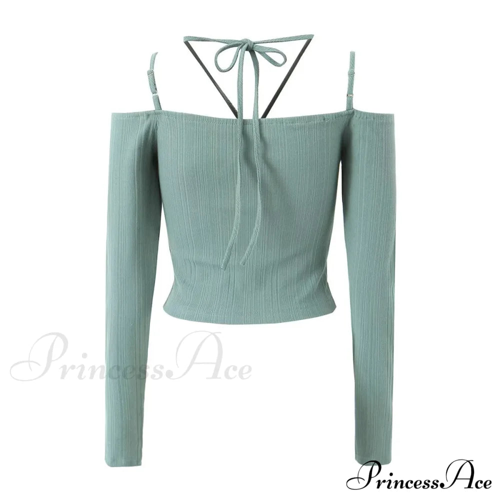 Slim T-Shirt Off-Neck Fit Long Crop Autumn Knitted Two-Tone Arm Top