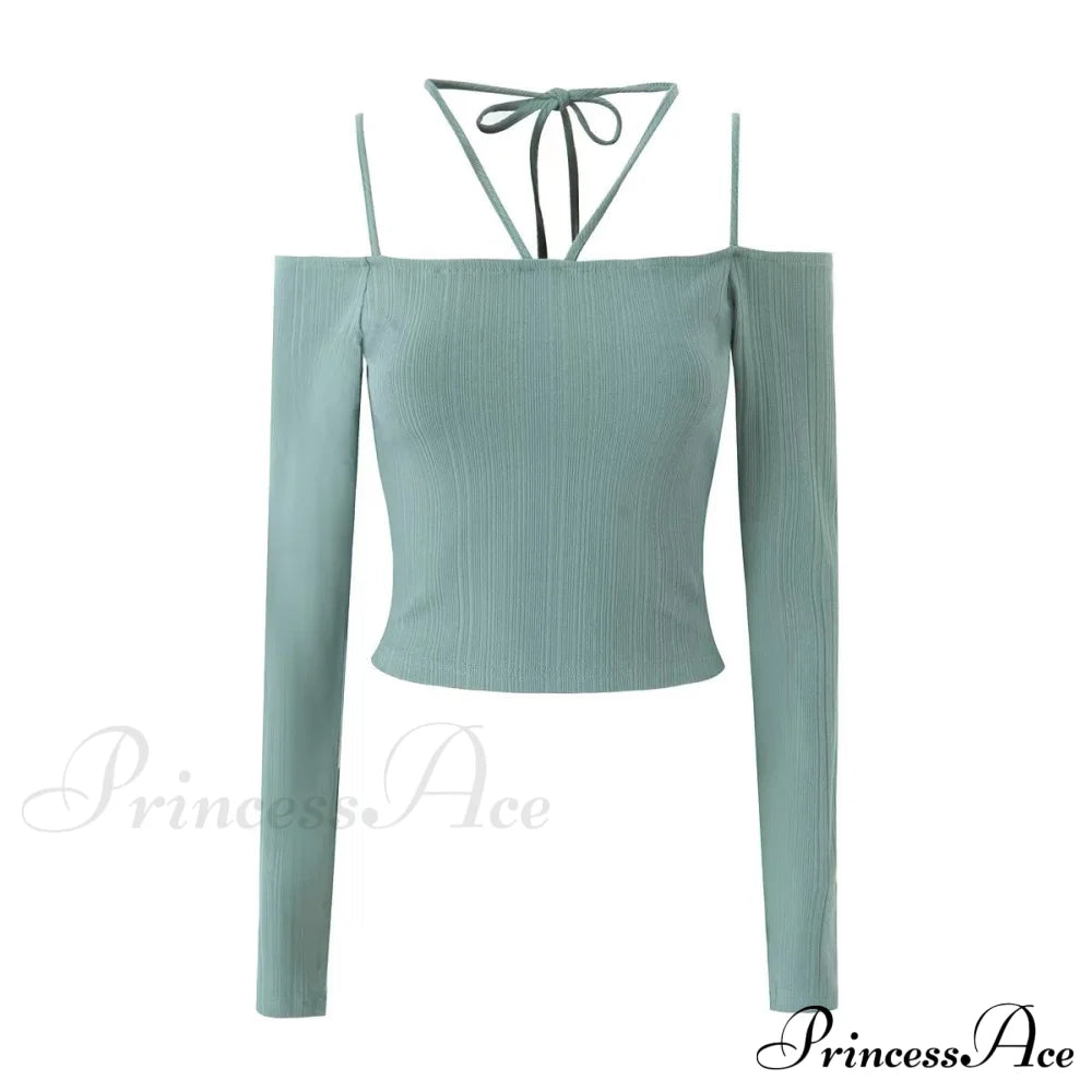 Autumn Two Color off Neck Long Sleeve Knitted T shirt Slim Fit Crop Top Green Beans blouses clothes long sleeve tops off the shoulder shirt shirt shirts top tops