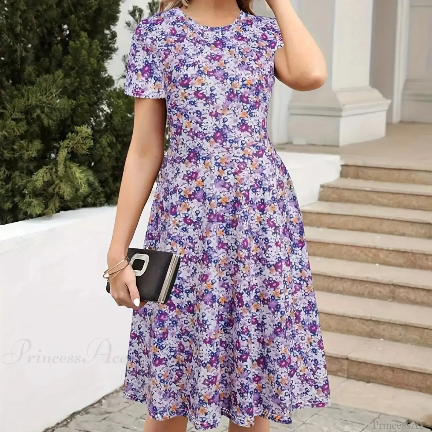 Slim Waist Floral Print Summer Round Neck Dress oldfloraldress-250126