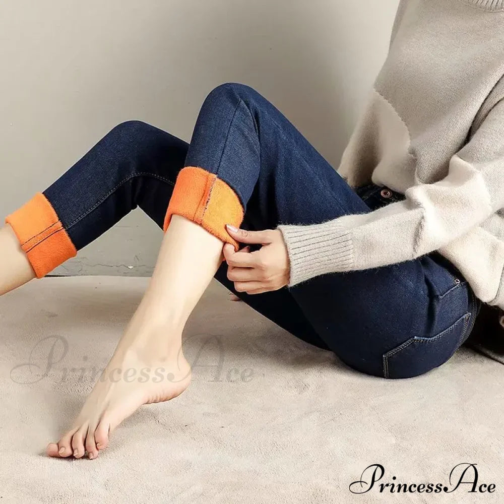 Slimming Effect Pencil Small Feet Thick Denim Autumn And Winter Plush High Waist Elastic Jean