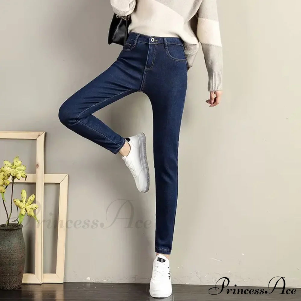 Slimming Effect Pencil Small Feet Thick Denim Autumn And Winter Plush High Waist Elastic Jean Black