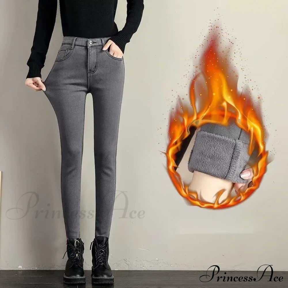 Slimming Effect Pencil Small Feet Thick Denim Autumn And Winter Plush High Waist Elastic Jean Gray