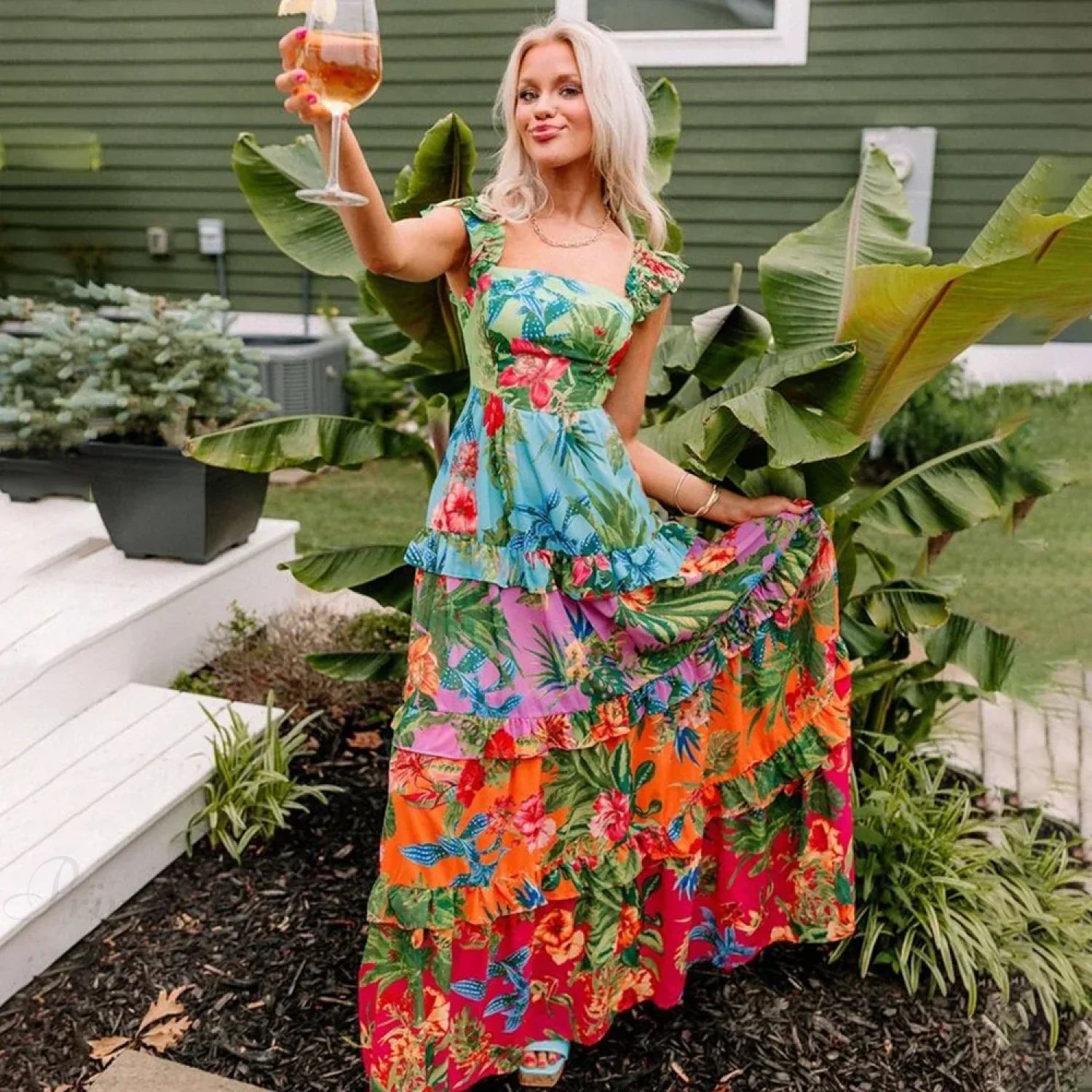 Sling Ruffle Print Skirt Two Piece Set