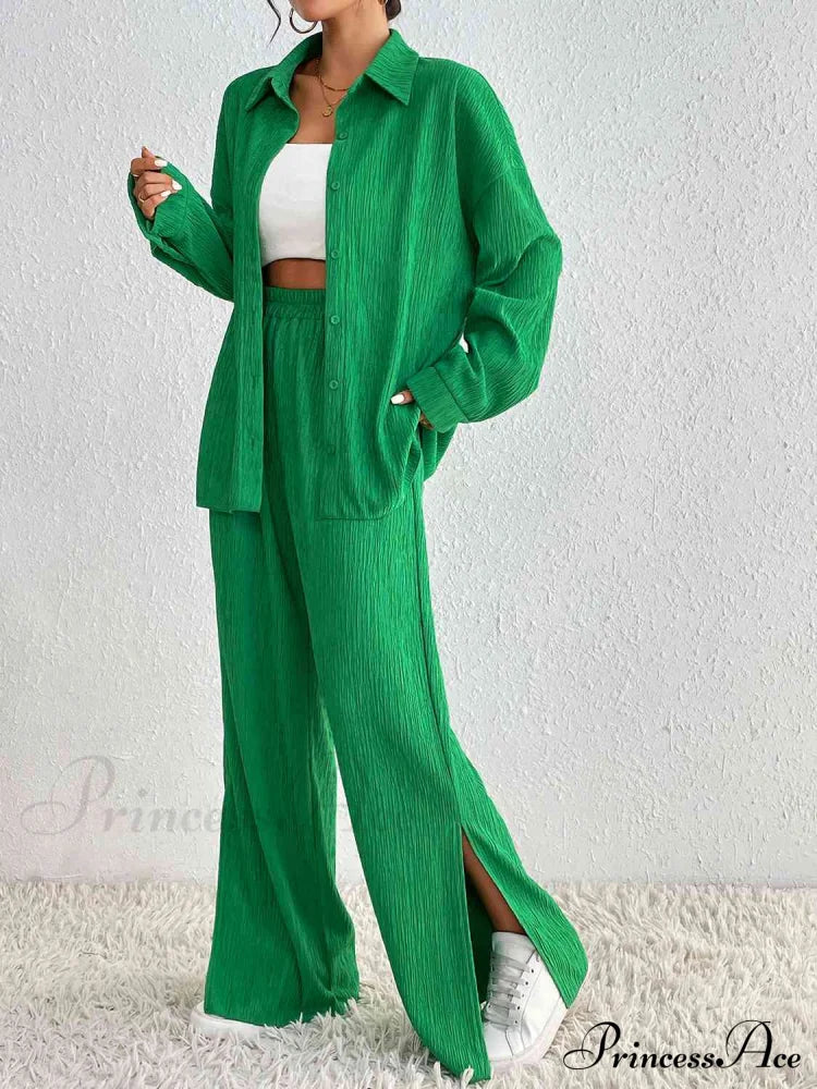 Slit Blouse And Pants Collared Set