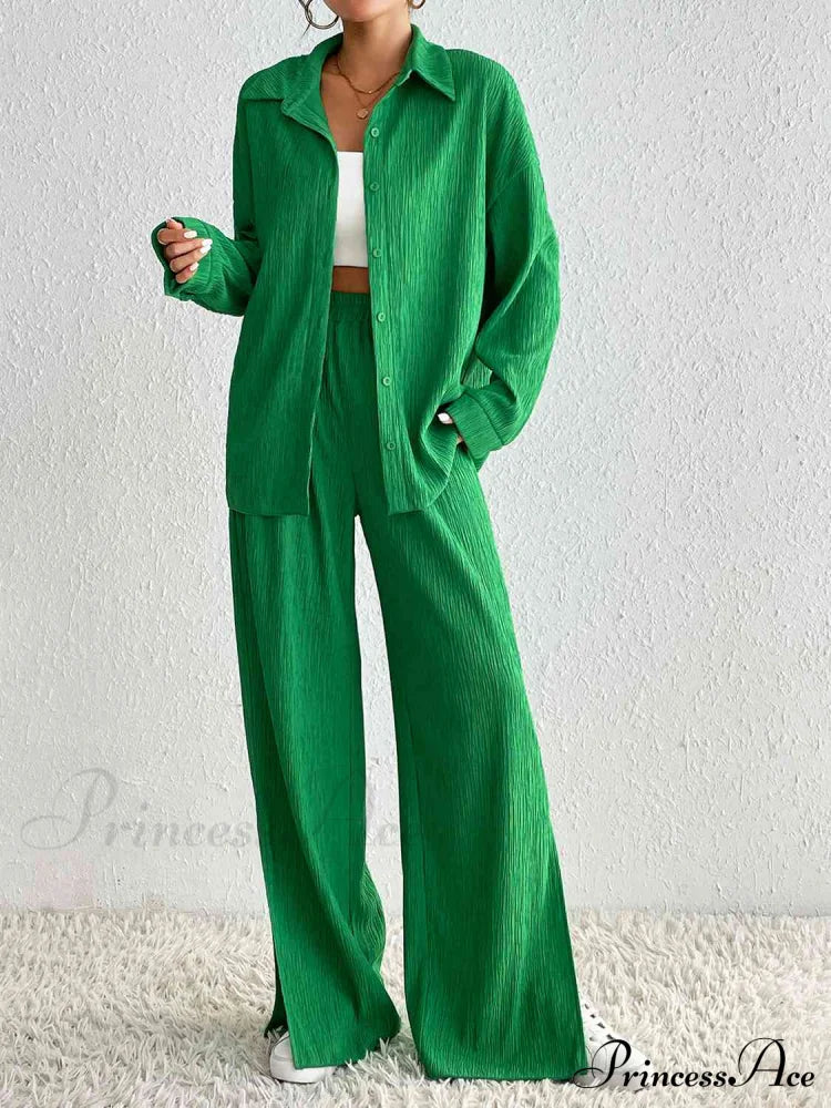 Collared Neck Shirt and Slit Pants Set Mid Green bottoms clothes Hanny long sleeve shirts long sleeve top set sets Ship From Overseas top tops Women's Bottoms