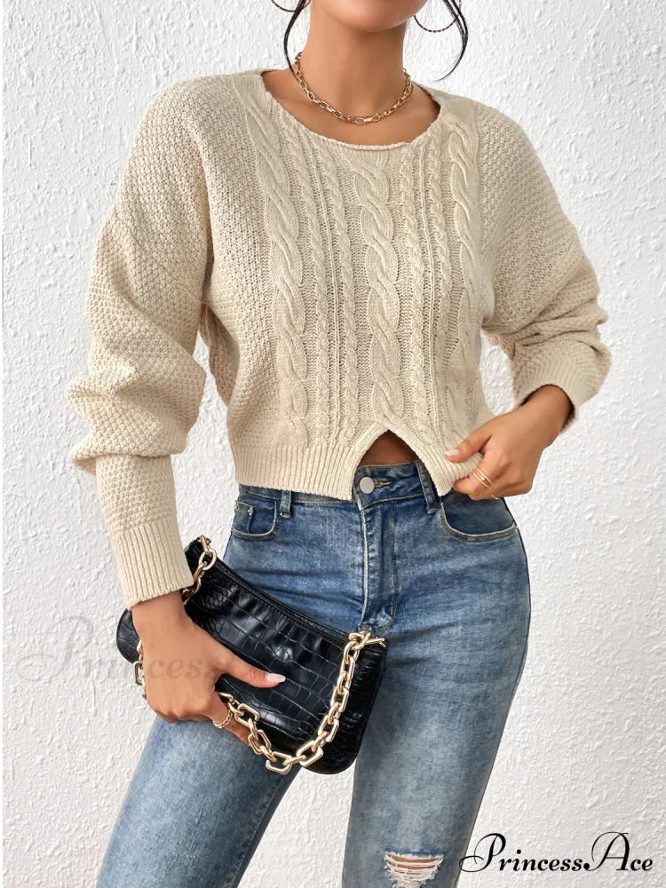 Slit Drop Shoulder Cable-Knit Sweater Sweaters-L