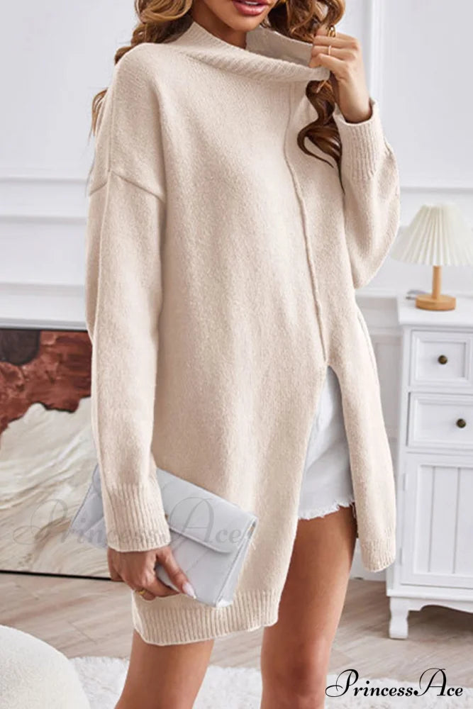 Slit-Front Sweater With Turtleneck Detail Beige / L Sweaters-L