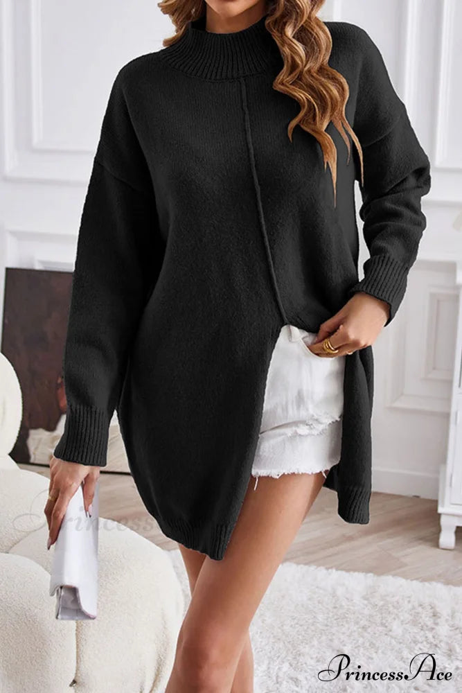 Slit-Front Sweater With Turtleneck Detail Black / S Sweaters-L