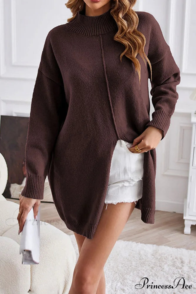 Slit-Front Sweater With Turtleneck Detail Brown / L Sweaters-L